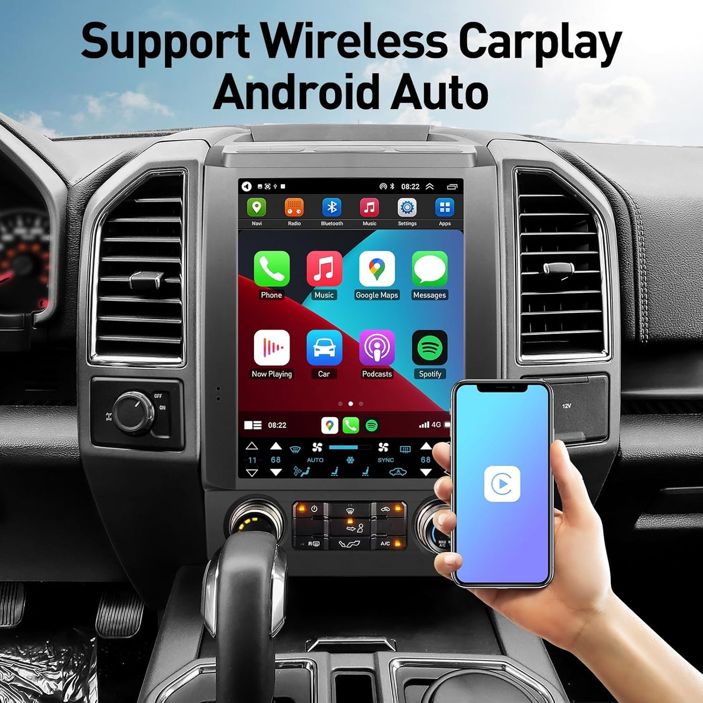 Autoradio Ford F150 2015-2020 Android 13 : écran tactile IPS 12,1", GPS, CarPlay sans fil, Android Auto filaire, commandes au volant, Bluetooth, WiFi.