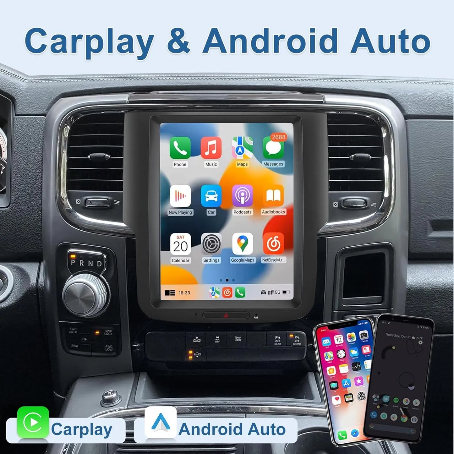Autradio Android de style T 10,4" pour Dodge Ram 1500/2500/3500 (2013-2018) - CarPlay, Android Auto, 4G RAM, 64G ROM, WiFi, Bluetooth, SWC, navigation GPS