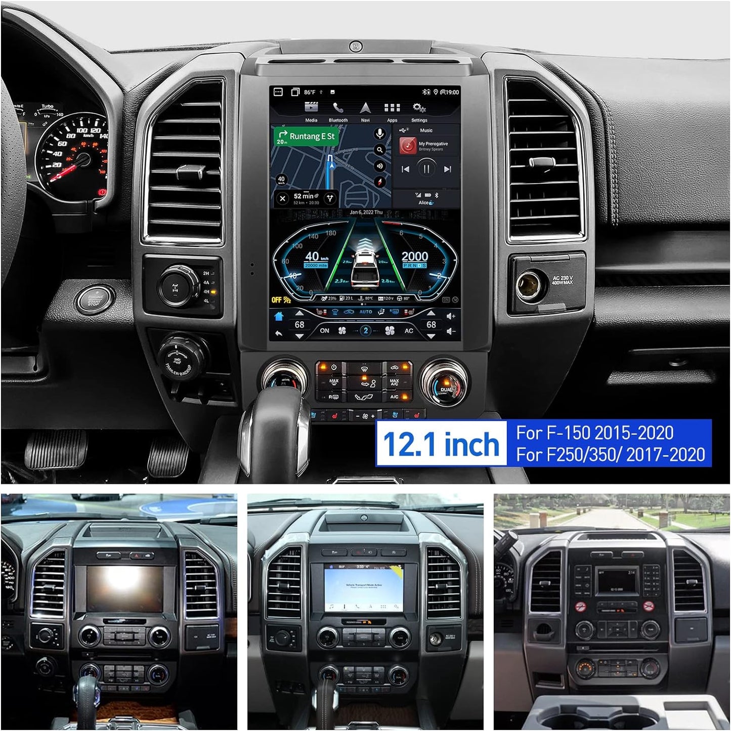 Autoradio 12,1" pour F150 (2015-2020) et F250/F350/F450 (2017-2021) 6+64G, GPS, AUX, fibre optique, Carplay, DSP, Style Tesla