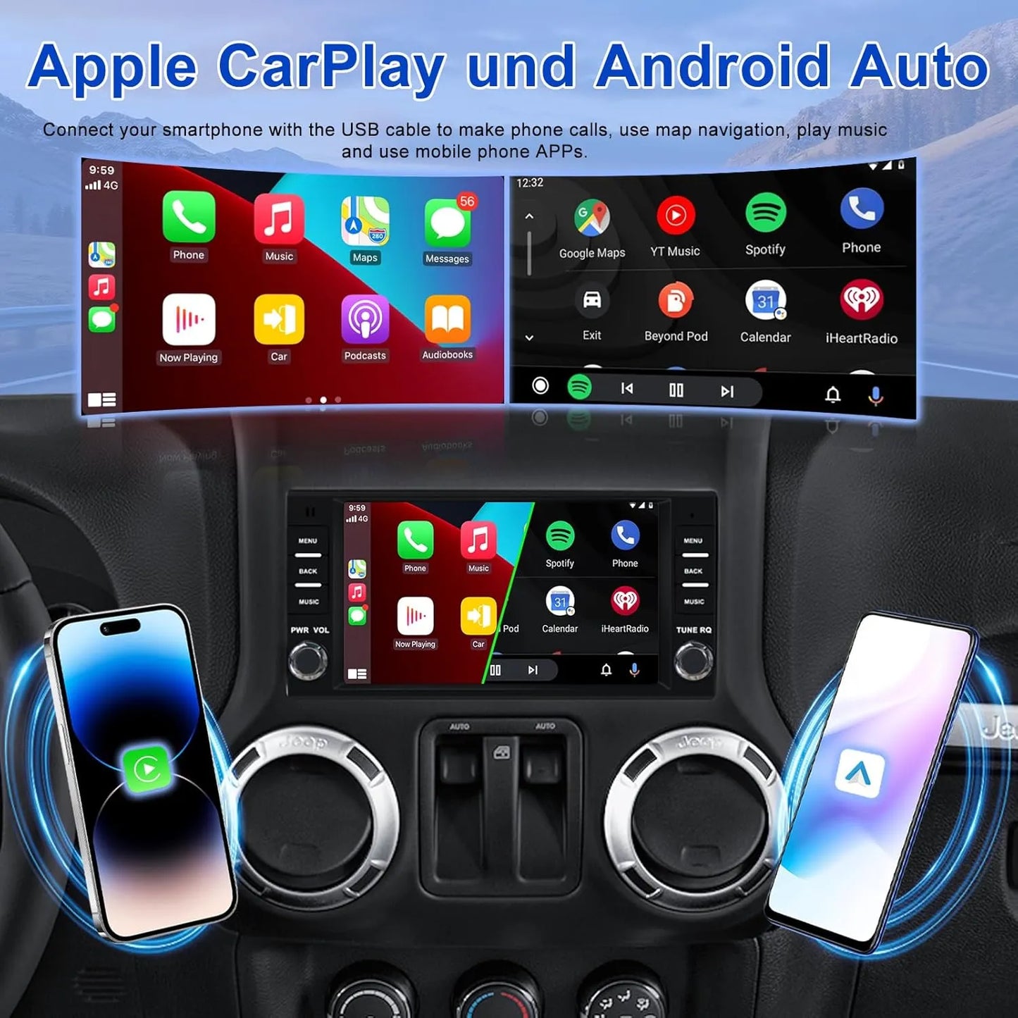Autoradio Android 7" 2 + 64 Go pour Jeep Wrangler/Compass/Patriot, Chrysler Sebring, Dodge RAM : GPS, Carplay sans fil/Android Auto, Bluetooth, WiFi, DSP, caméra de recul