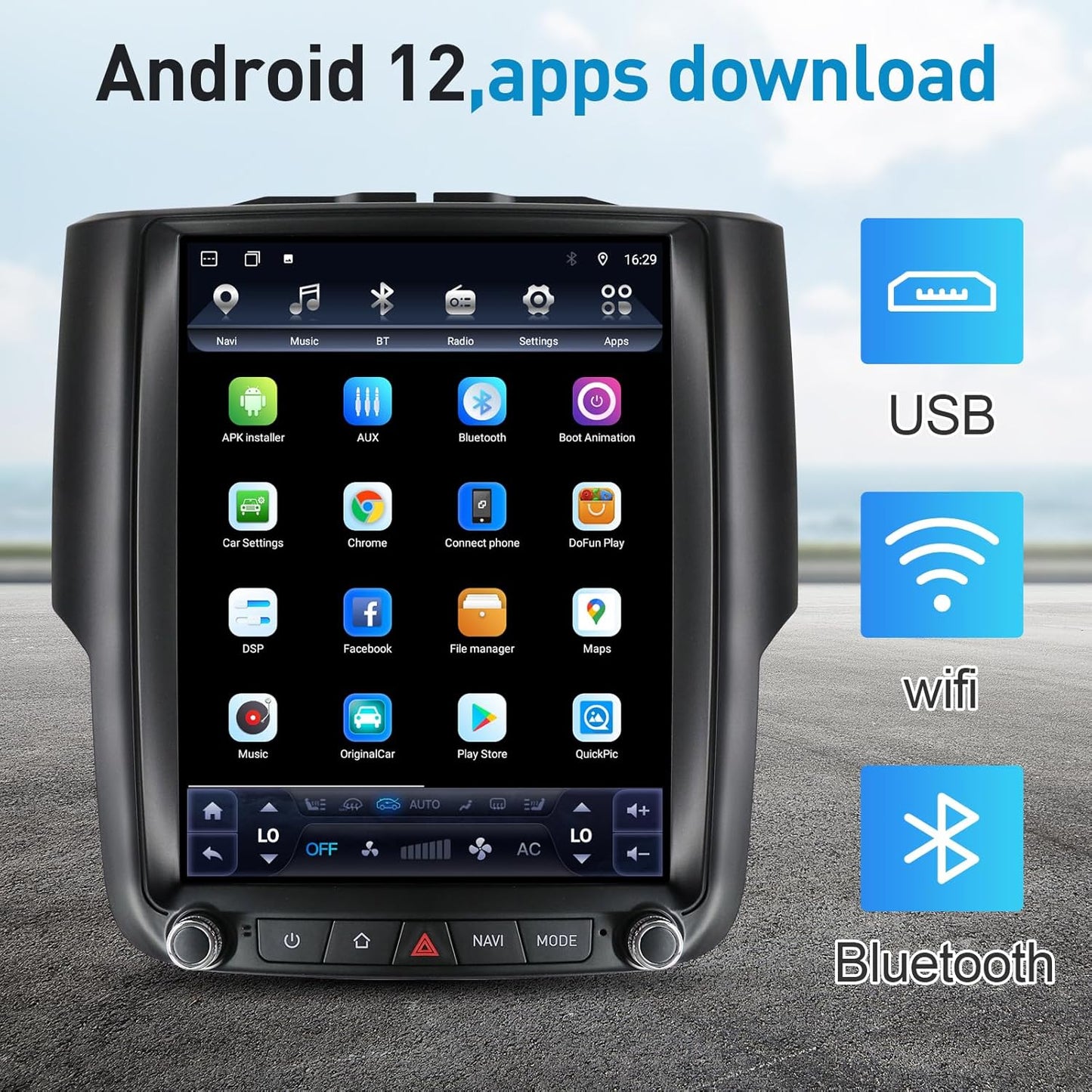 Autoradio Android 12.0 pour Dodge Ram 1500/3500 (2013-2018) - Écran IPS 10,4'' de style T, GPS, CarPlay sans fil, Bluetooth, DSP, Android Auto, sortie fibre optique