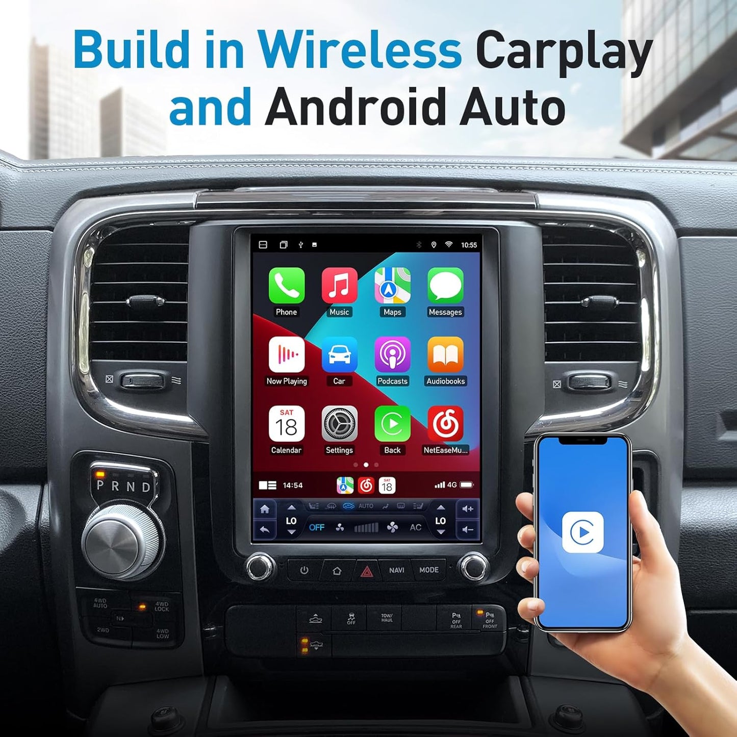 Autoradio Android 12.0 pour Dodge Ram 1500/3500 (2013-2018) - Écran IPS 10,4'' de style T, GPS, CarPlay sans fil, Bluetooth, DSP, Android Auto, sortie fibre optique