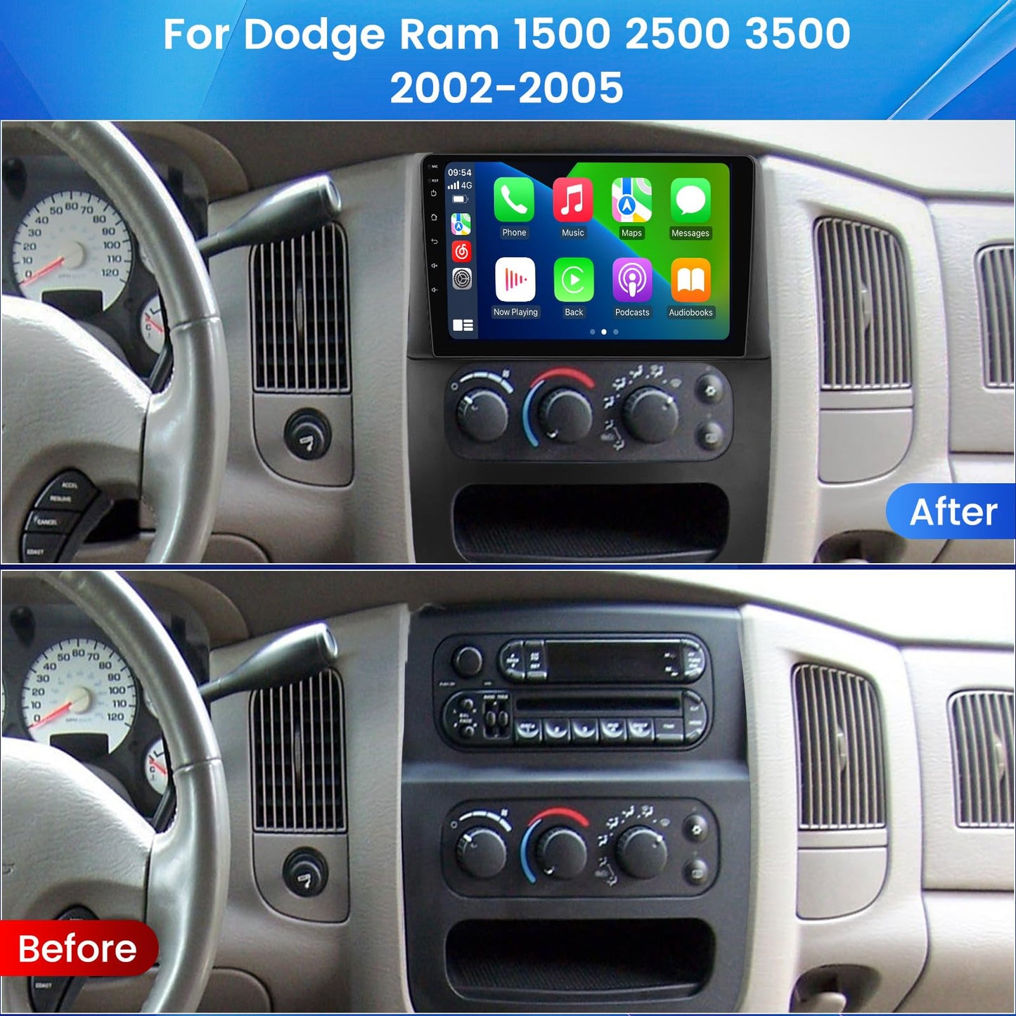 Dodge RAM 1500-3500 (2002-2005) Stéréo de voiture : écran tactile IPS 9", 1+32 Go, GPS, Car-Play et Android Auto, kit de tableau de bord inclus