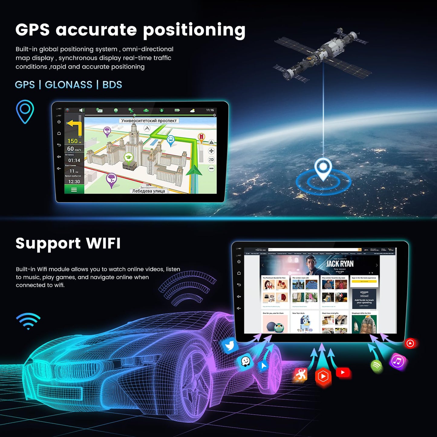 Toyota Highlander 2009-2014 10,1" Android 13 Stéréo : 4+64 Go, 8 cœurs, 1280 x 720, WiFi 5G, GPS, Car-Play, Android Auto, FM, DSP, SWC, vue arrière