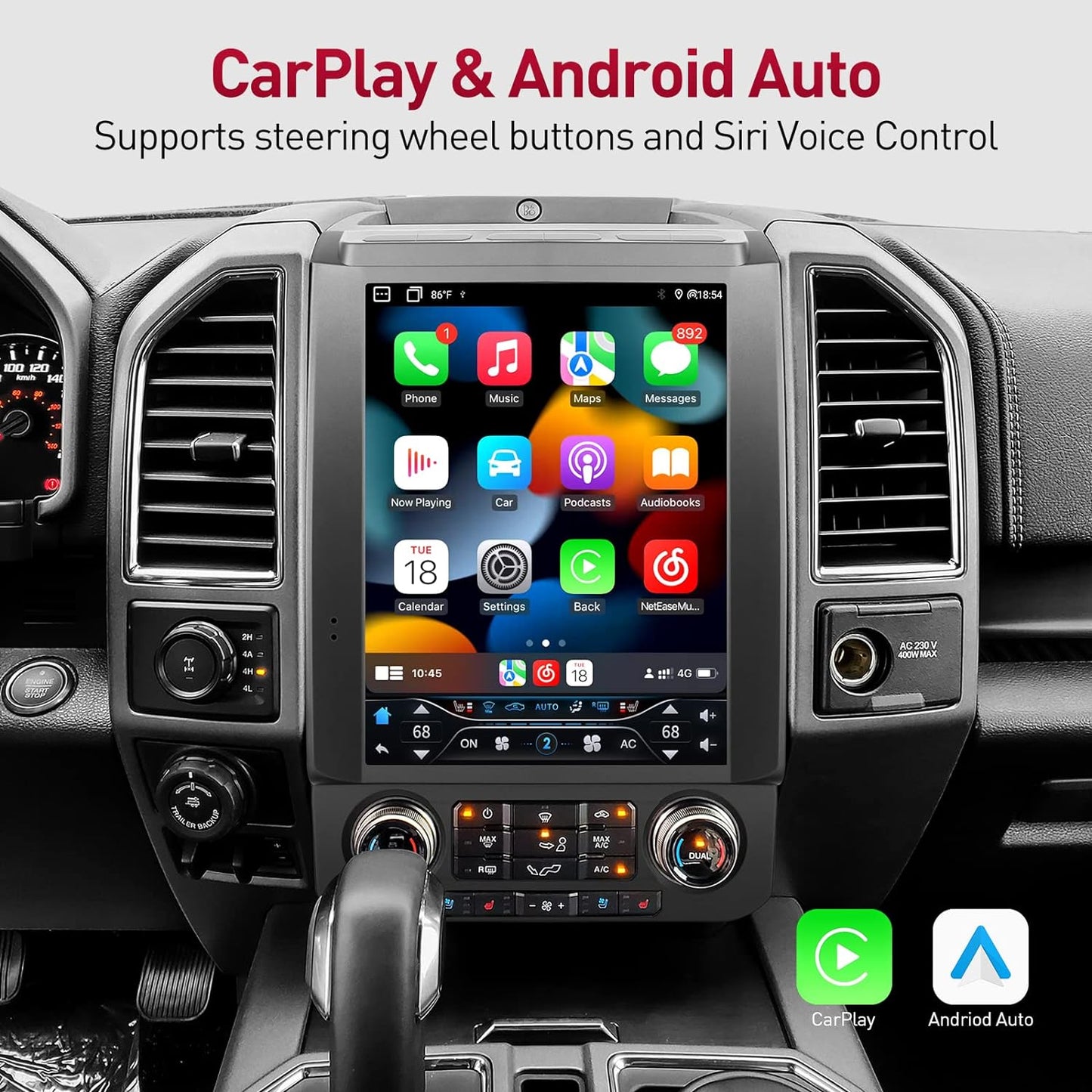 Autoradio 12,1" pour F150 (2015-2020) et F250/F350/F450 (2017-2021) 6+64G, GPS, AUX, fibre optique, Carplay, DSP, Style Tesla