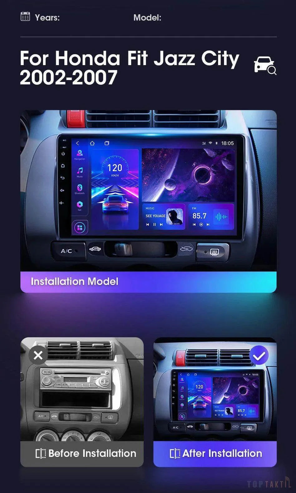 Autoradio Honda Jazz 2002 Fit - 6G-128 -Android 13 -Camera Hd 1080P | Android 14 | Écran Tactile | CarPlay | Bluetooth | GPS