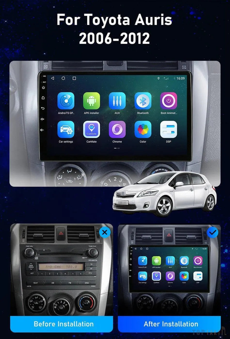 Autoradio Toyota Auris 2008-2011 Avec Carplay | Android 14 | Écran Tactile | Bluetooth | GPS