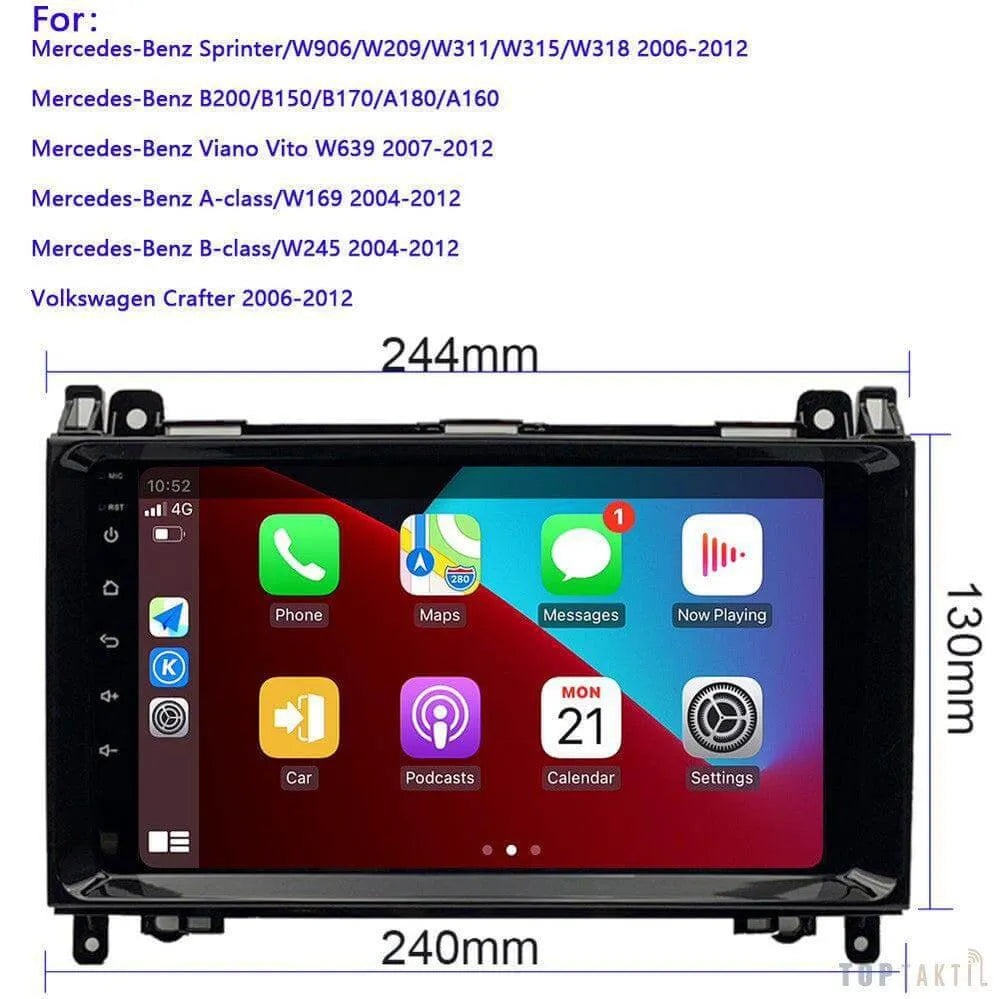 Poste Android Mercedes Sprinter/B200/Bclass/W245/B170/W169 | Autoradio | Android 14 | Écran Tactile | CarPlay | Bluetooth | GPS