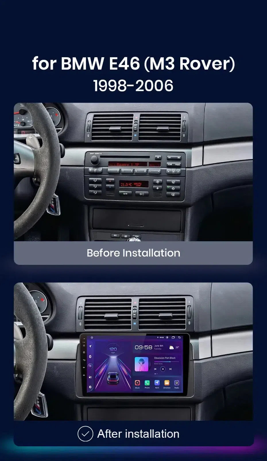 Poste Android 13//4G-64//Bmw E46 | Autoradio | Android 14 | Écran Tactile | CarPlay | Bluetooth | GPS