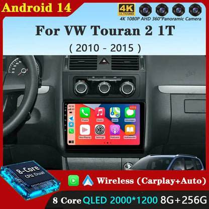 Poste Android 14|4G-64|Touran 2010-2015 | Autoradio | Android 14 | Écran Tactile | CarPlay | Bluetooth | GPS