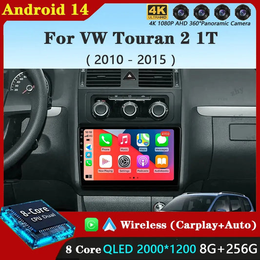 Poste Android 14|4G-64|Touran 2010-2015 | Autoradio | Android 14 | Écran Tactile | CarPlay | Bluetooth | GPS