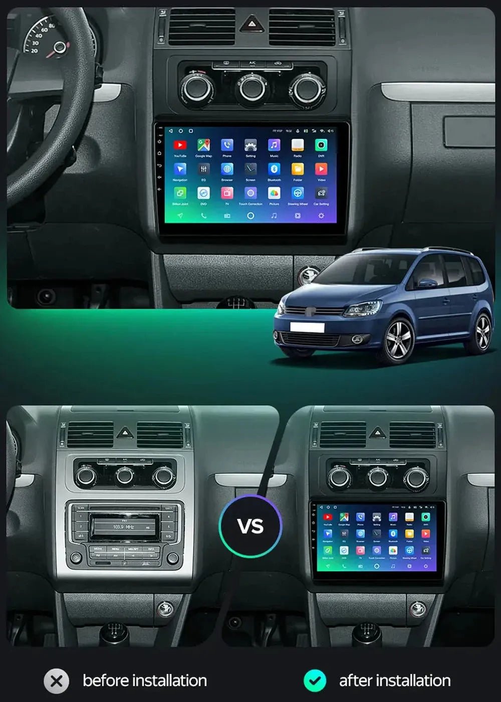 Poste Android 14|4G-64|Touran 2010-2015 | Autoradio | Android 14 | Écran Tactile | CarPlay | Bluetooth | GPS