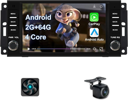 Autoradio Android 7" 2 + 64 Go pour Jeep Wrangler/Compass/Patriot, Chrysler Sebring, Dodge RAM : GPS, Carplay sans fil/Android Auto, Bluetooth, WiFi, DSP, caméra de recul