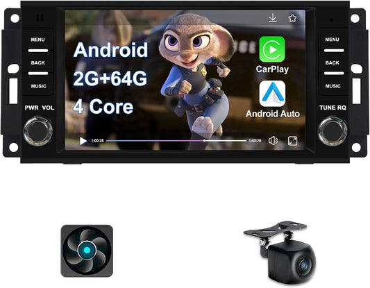 Autoradio Android 7" 2 + 64 Go pour Jeep Wrangler/Compass/Patriot, Chrysler Sebring, Dodge RAM : GPS, Carplay sans fil/Android Auto, Bluetooth, WiFi, DSP, caméra de recul