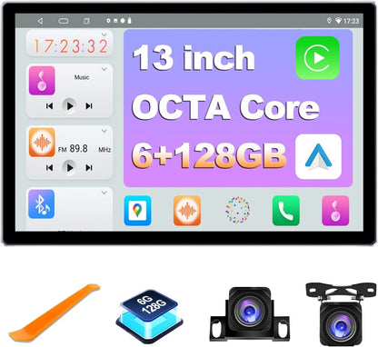 Autoradio android 6+128 Go 13" Double Din Android 13 Autoradio : Octa Core, écran tactile QLED, caméras avant/arrière, Bluetooth, GPS, DSP, AM/FM/RDS, SWC, WiFi