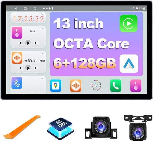 Autoradio android 6+128 Go 13" Double Din Android 13 Autoradio : Octa Core, écran tactile QLED, caméras avant/arrière, Bluetooth, GPS, DSP, AM/FM/RDS, SWC, WiFi