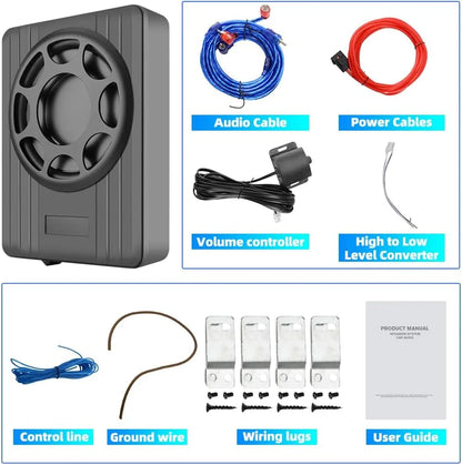 Junsun Caisson de basses de voiture 10" 800 W avec amplificateur intégré, 220 W RMS, 20 Hz-150 Hz, fin sous le siège, entrée haute/basse, parfait pour les voitures/camions, modèle 2025 (kit de fil de montage inclus)