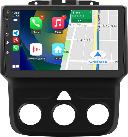 Autoradio [2+64 Go] pour Dodge RAM 1500 (2013-2018) – Carplay sans fil/Android Auto, Bluetooth, AM/FM, GPS, AC manuel uniquement