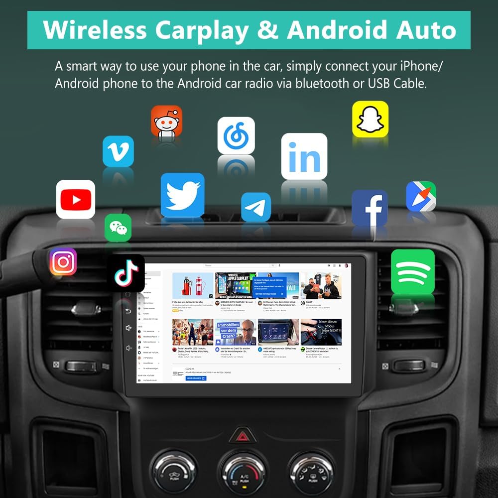 Autoradio [2+64 Go] pour Dodge RAM 1500 (2013-2018) – Carplay sans fil/Android Auto, Bluetooth, AM/FM, GPS, AC manuel uniquement