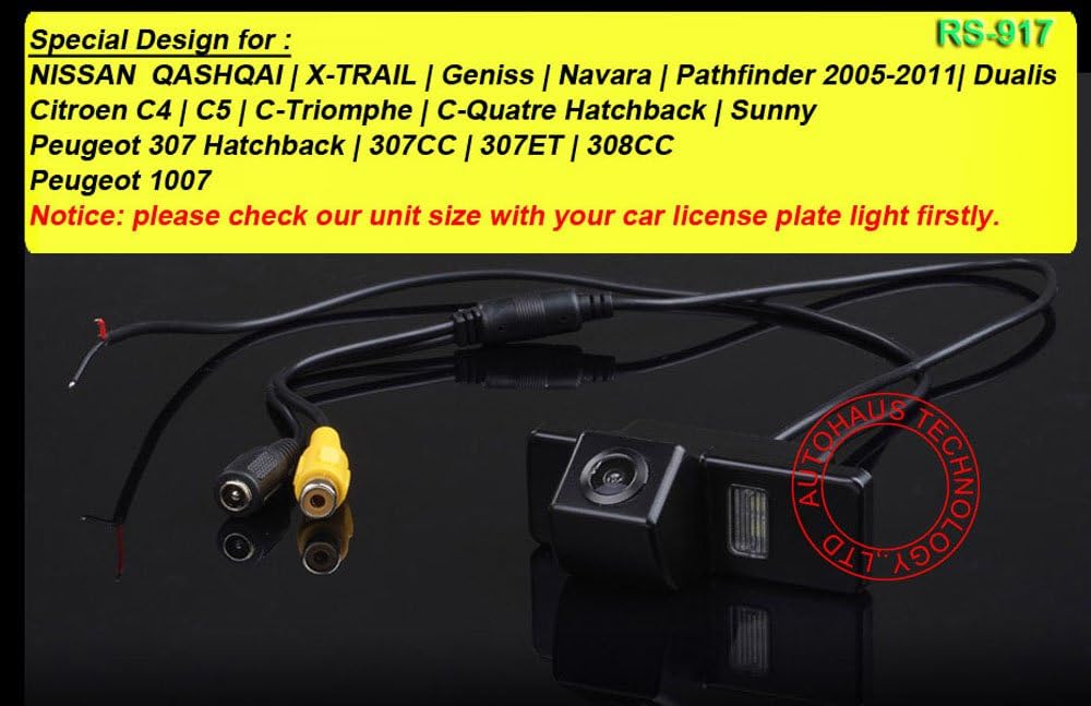 Caméra de Recul Couleur pour Qashqai, X-Trail, Navara, Pathfinder, C4, C5, 307, 308