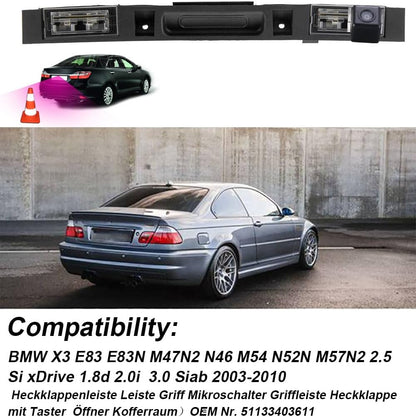 Caméra de Recul pour BMW X3 E83/E83N (2003-2010) – Vision Nocturne, Intégrée à la Poignée de Coffre