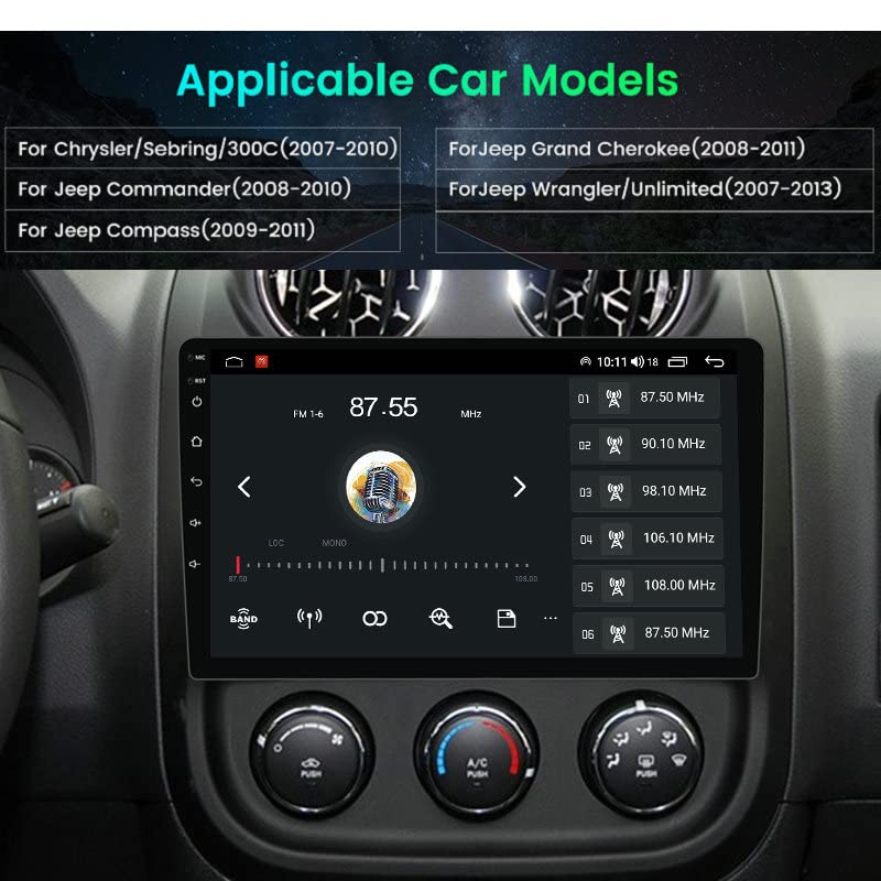 4 + 64 Go 8 cœurs Android 11 double DIN stéréo de voiture pour Jeep Wrangler/Compass/Cherokee/Dodge Ram, 10,1" IPS Touch, GPS, CarPlay et Android Auto