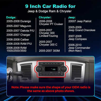 Android 13 stéréo pour Dodge Ram 1500-3500 (2006-2008), Durango (2004-2007), Chrysler 300/300C/300M (2005-2007), Jeep Grand Cherokee (2005-2007) avec CarPlay, Android Auto, FM, SWC, WiFi 5G (2+32 Go)