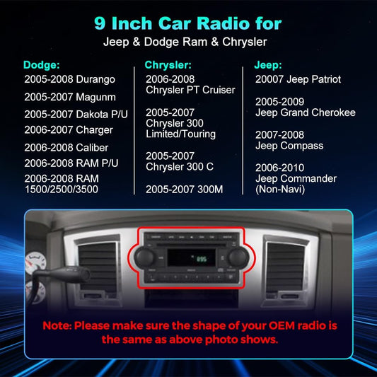Android 13 stéréo pour Dodge Ram 1500-3500 (2006-2008), Durango (2004-2007), Chrysler 300/300C/300M (2005-2007), Jeep Grand Cherokee (2005-2007) avec CarPlay, Android Auto, FM, SWC, WiFi 5G (2+32 Go)