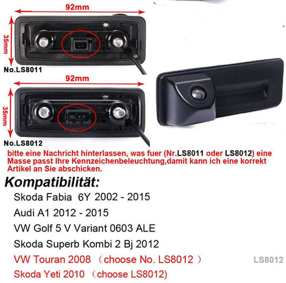 Caméra de Recul Étanche Vision Nocturne – Poignée de Coffre pour Audi A1 & Skoda (Roomster, Octavia 1Z5, Superb, Rapid, Yeti, Fabia)