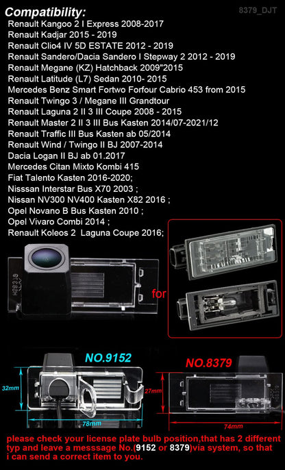 Caméra de Recul – Compatible Renault Kangoo, Clio 4, Kadjar, Sandero, Dacia Mégane, Fiat et MB Smart