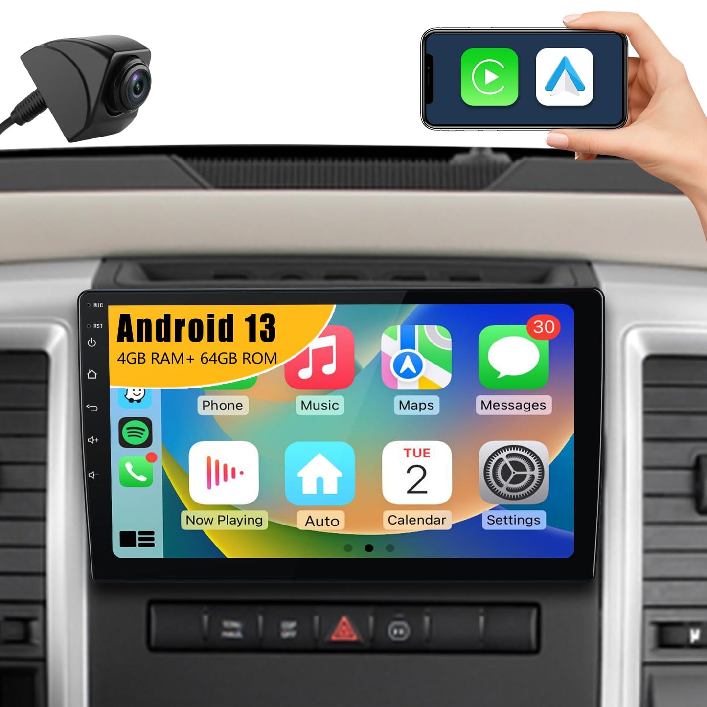 Autoradio stéréo [2 Go + 64 Go] pour Dodge Ram 1500/2500/3500 (2009-2012) et Jeep Wrangler JK (2007-2018) avec intégration CarPlay et Android Auto