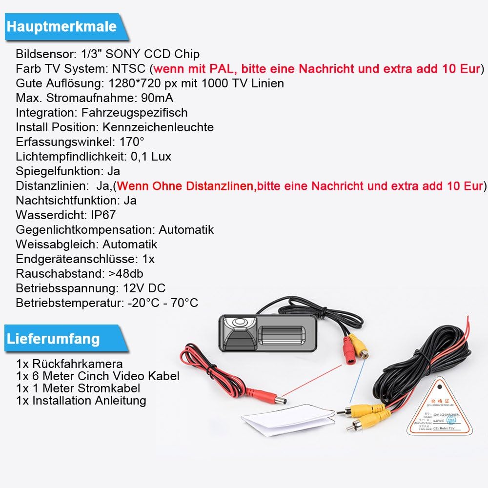 Caméra de Recul Étanche IP67 – Vision Nocturne et Large Angle pour Audi A3/A4/A5/A6/A8/Q3/Q5/Q7 et VW Passat