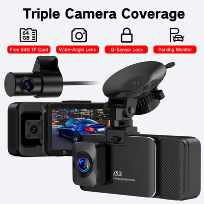 Caméra embarquée 3 canaux 4K avant/intérieur/arrière avec WiFi 5G, écran 3", vision nocturne, mode parking 24H, carte 64Go