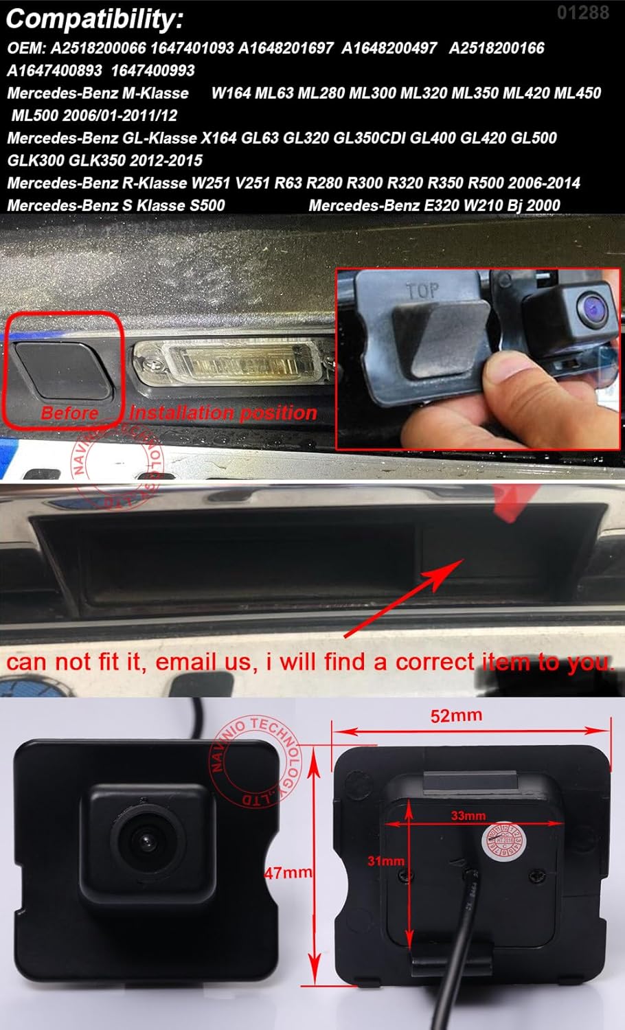 Caméra de Recul – Vision Nocturne et Plaque pour Mercedes ML, GL et R Class