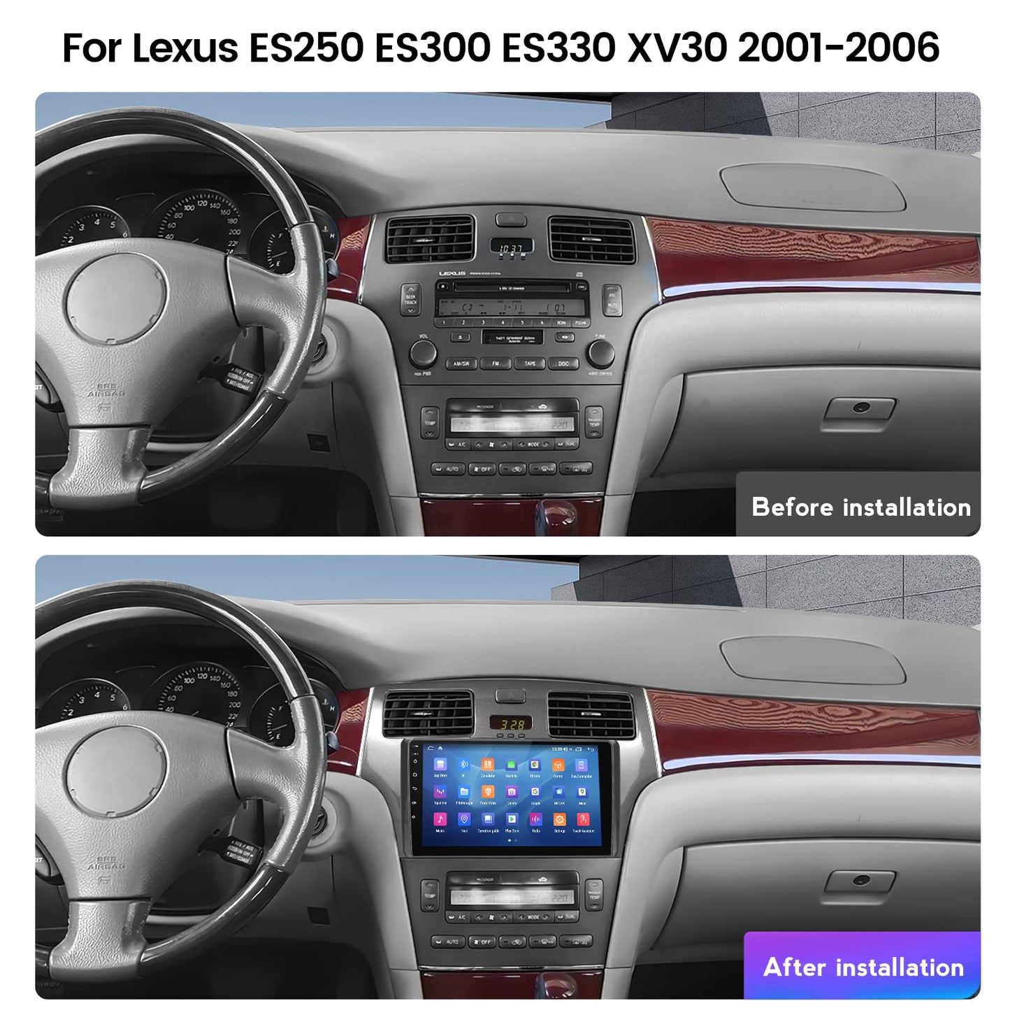 Autoradio Lexus ES300/ES330 : Android 13 8 cœurs, écran tactile QLED 9", GPS, CarPlay et Android Auto pour ES250/ES300/ES330 XV30 (2001-2006)