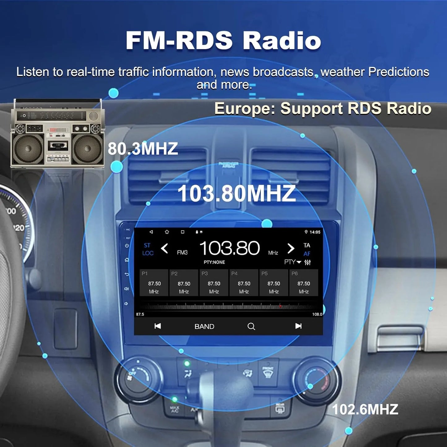 Autoradio Android 9" pour Honda CRV 2007-2011, 4+64 Go, Apple Carplay et Android Auto, GPS, Bluetooth, DSP, Radio FM, Caméra de recul