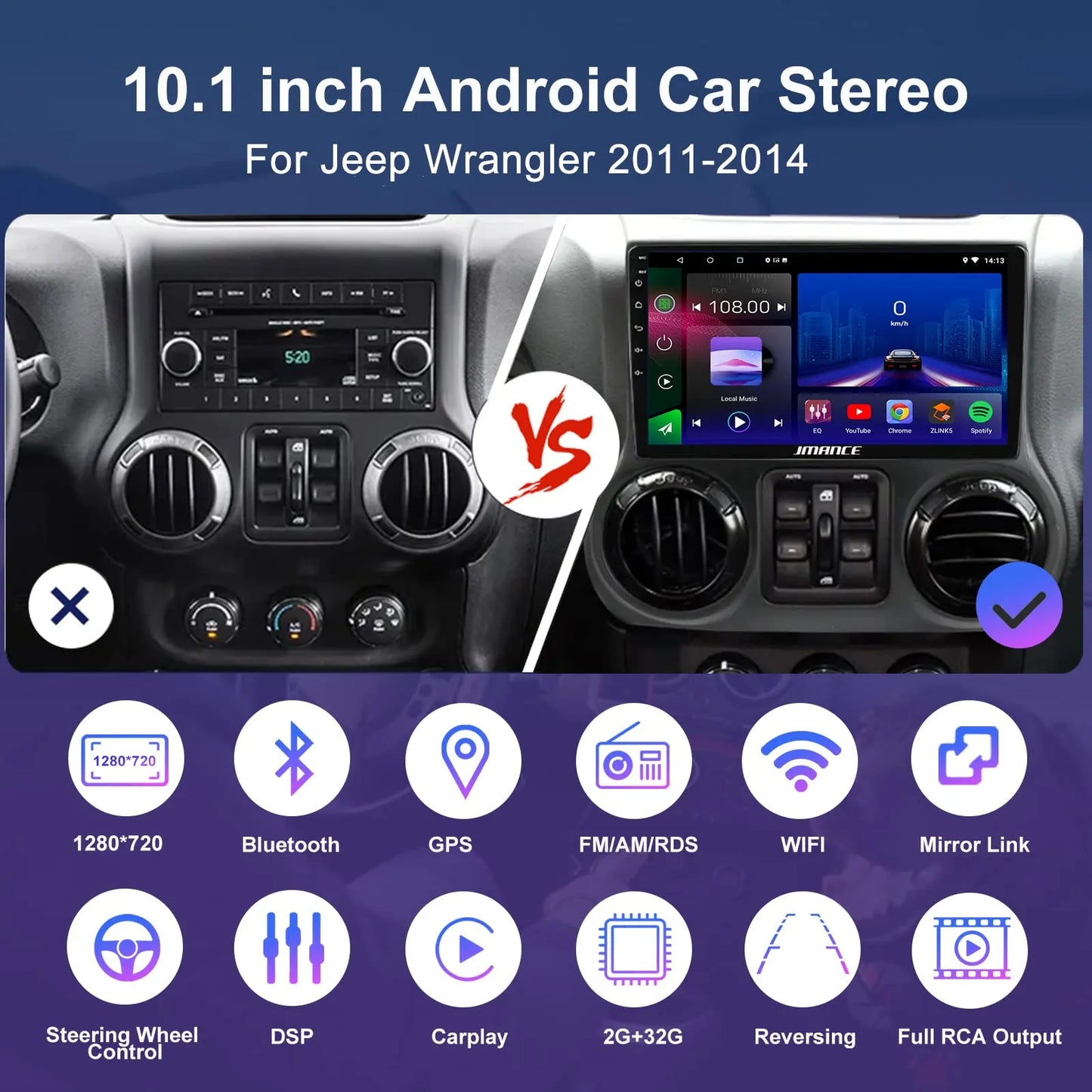 Stéréo de voiture Android 10,1" pour Jeep Wrangler 2011-2014 : 2+64 Go, GPS, DSP, Bluetooth, WiFi, CarPlay sans fil/Android Auto, commande au volant
