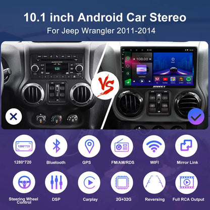 Stéréo de voiture Android 10,1" pour Jeep Wrangler 2011-2014 : 2+64 Go, GPS, DSP, Bluetooth, WiFi, CarPlay sans fil/Android Auto, commande au volant