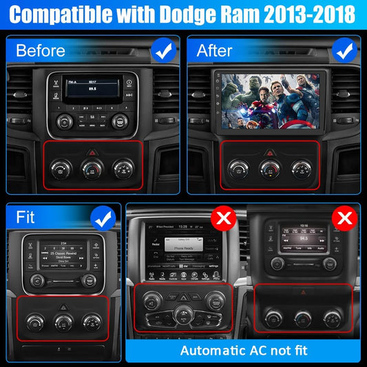 Stéréo de voiture Android pour Dodge RAM 1500-3500 (2013-2018) avec CarPlay sans fil et Android Auto, 2 + 32 Go, remplacement manuel de la radio compatible AC
