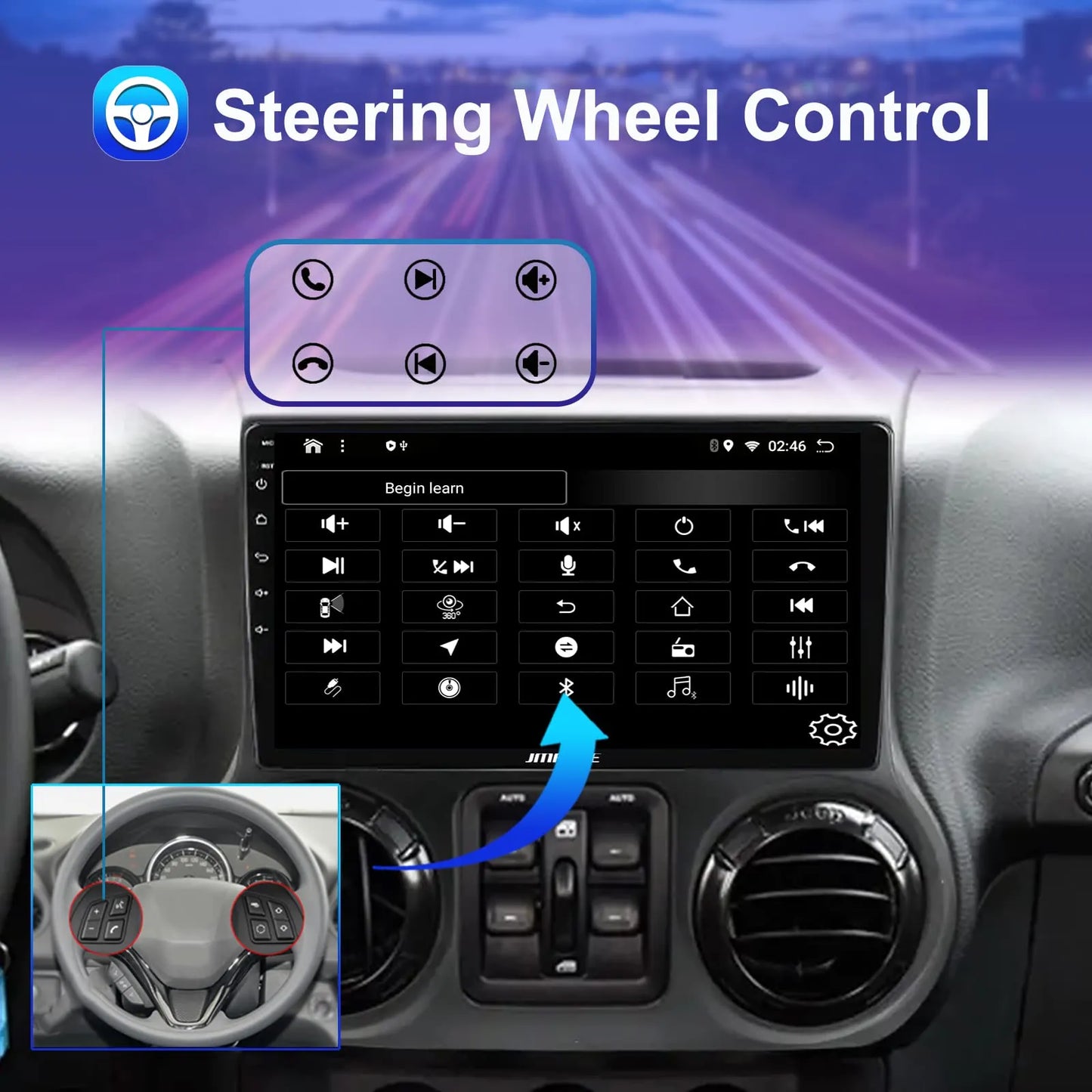 Stéréo de voiture Android 10,1" pour Jeep Wrangler 2011-2014 : 2+64 Go, GPS, DSP, Bluetooth, WiFi, CarPlay sans fil/Android Auto, commande au volant