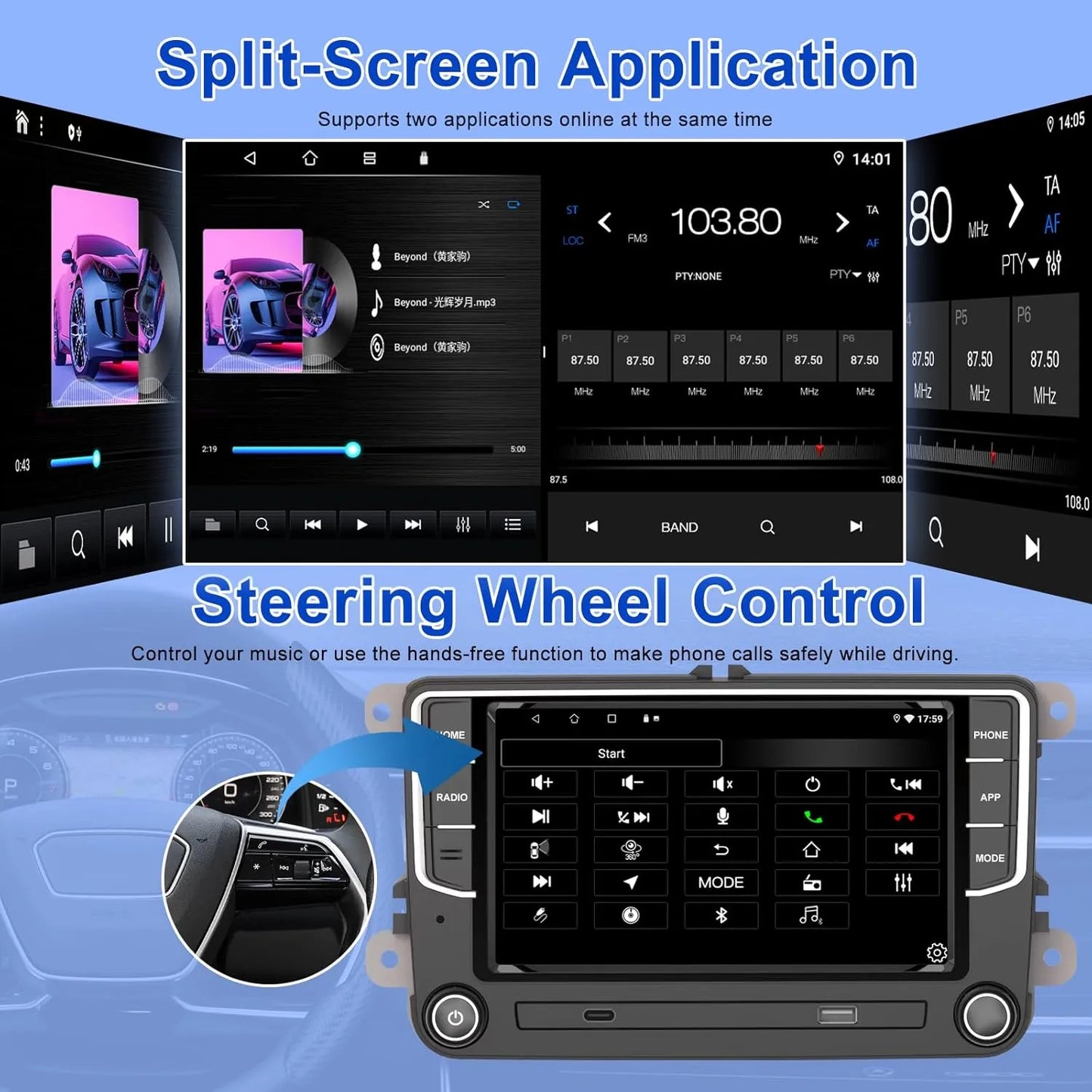 Autoradio Android 7" 2+64 Go pour VW Golf 5/6, Touran, Tiguan, Skoda, SEAT : GPS, Carplay sans fil, Android Auto, Bluetooth, WiFi, DSP