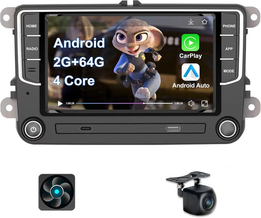 Autoradio Android 7" 2+64 Go pour VW Golf 5/6, Touran, Tiguan, Skoda, SEAT : GPS, Carplay sans fil, Android Auto, Bluetooth, WiFi, DSP