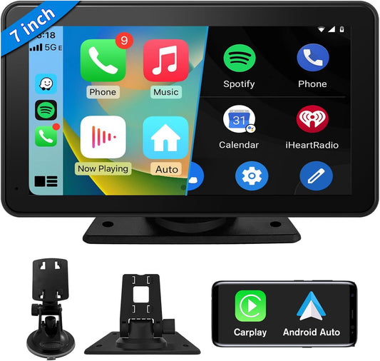 Stéréo de voiture portable HD 7" : compatible Apple Carplay et Android Auto sans fil, commande vocale, Mirror Link, Bluetooth, navigation GPS - Récepteur audio de voiture