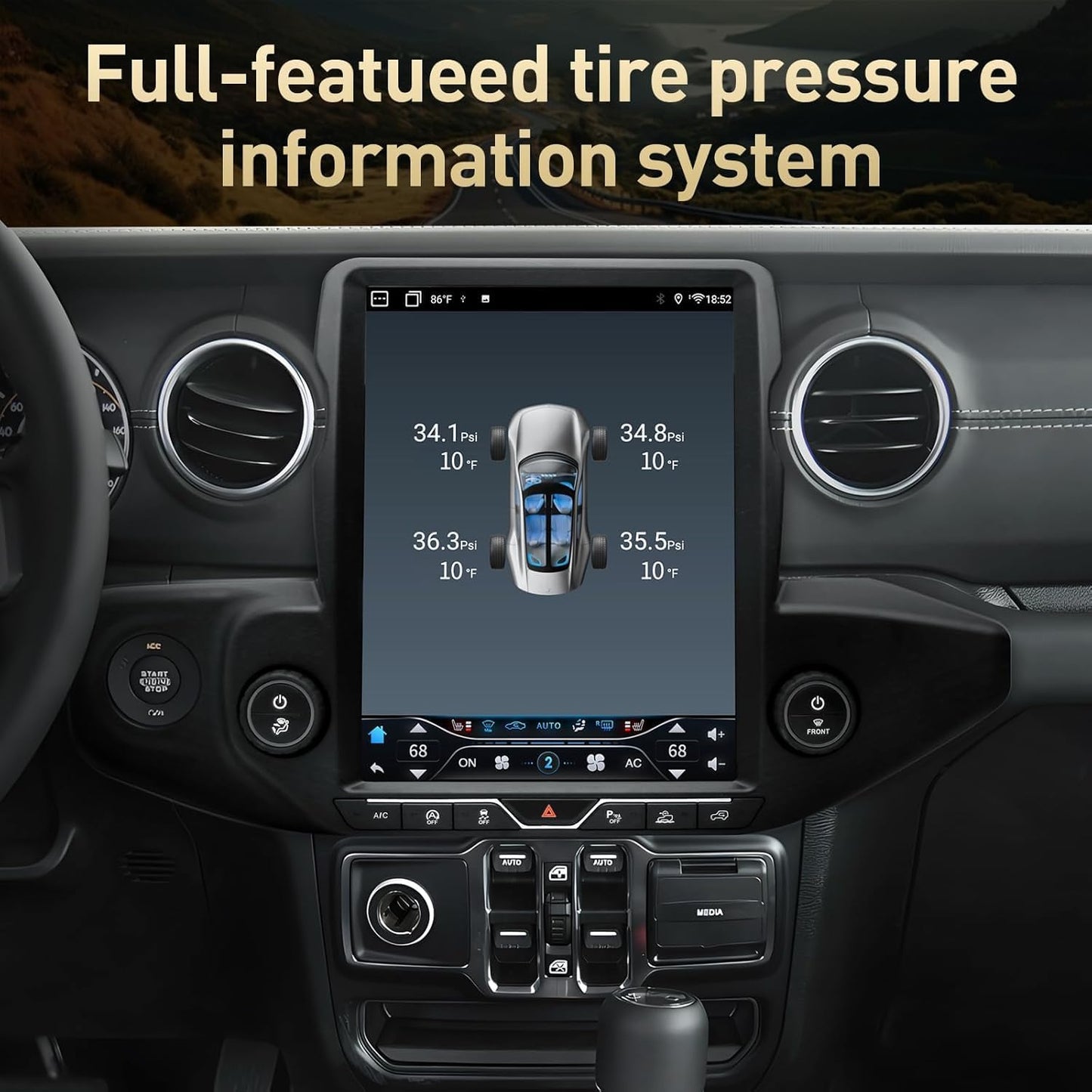 Jeep Wrangler JL/Gladiator 2018-2023 12,1" Android 13 Autoradio : 6 Go + 64 Go, CarPlay sans fil/Android Auto, Bluetooth 5.0, DSP, WiFi, SWC, sortie fibre optique