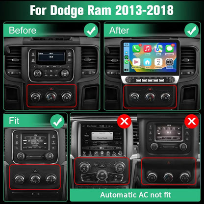 Autoradio Dodge Ram 2013-2019 : 9", CarPlay/Android Auto, 2 Go de RAM, 32 Go de ROM, DSP, Bluetooth, GPS, FM, WiFi, climatisation automatique pour modèles 1500/2500/3500.