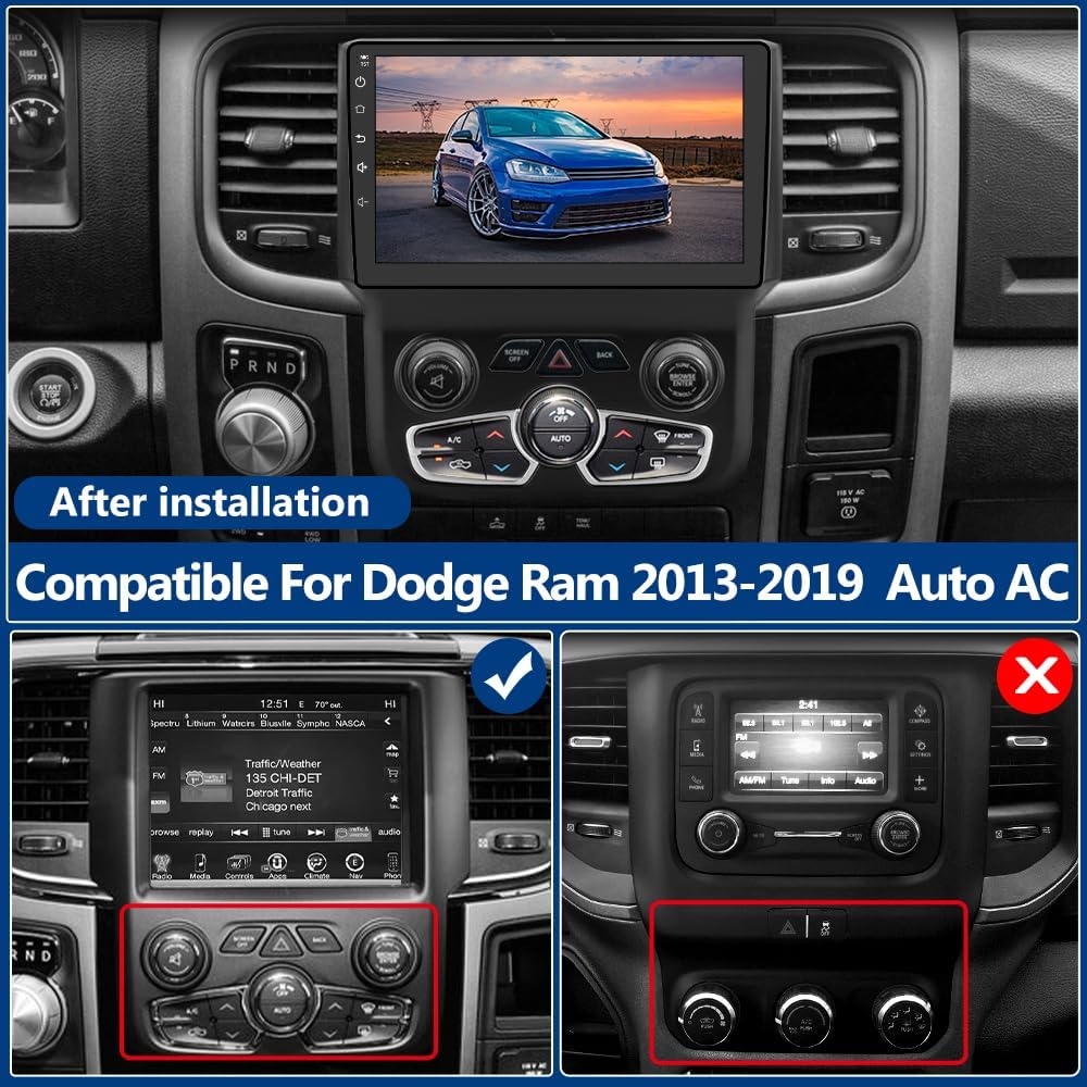 Autoradio Android 12.0 pour Dodge Ram 1500-3500 (2013-2018) Auto AC, écran tactile 9", 2+64 Go, CarPlay sans fil/Android Auto, Bluetooth/GPS/WiFi