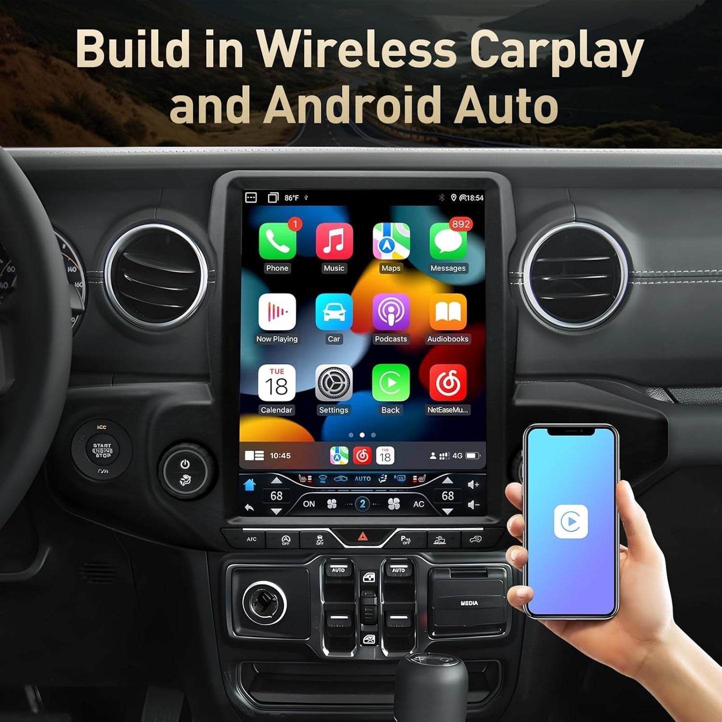 Jeep Wrangler JL/Gladiator 2018-2023 12,1" Android 13 Autoradio : 6 Go + 64 Go, CarPlay sans fil/Android Auto, Bluetooth 5.0, DSP, WiFi, SWC, sortie fibre optique