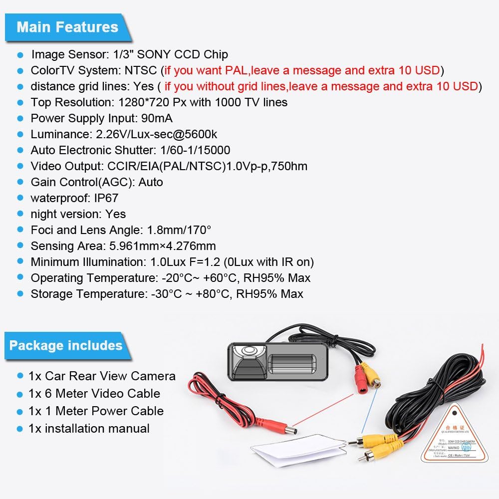 Caméra de Recul Vue Arrière pour Renault Fluence, Duster, Latitude, Scénic , Mégane, Cabrio, Clio , Terrano, Lutecia et Espace