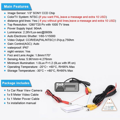 Caméra de Recul Vue Arrière pour Renault Fluence, Duster, Latitude, Scénic , Mégane, Cabrio, Clio , Terrano, Lutecia et Espace