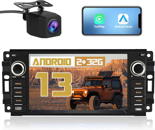 Stéréo de voiture Android pour Jeep Wrangler/Chrysler/Dodge Ram 1500 2007-2018 : écran tactile 7", CarPlay sans fil, WiFi, GPS, radio FM, caméra de recul
